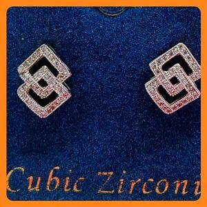 Vintage 1990s Cubic Zirconia Interlocking Square Stud Earrings Silver Tone Rare